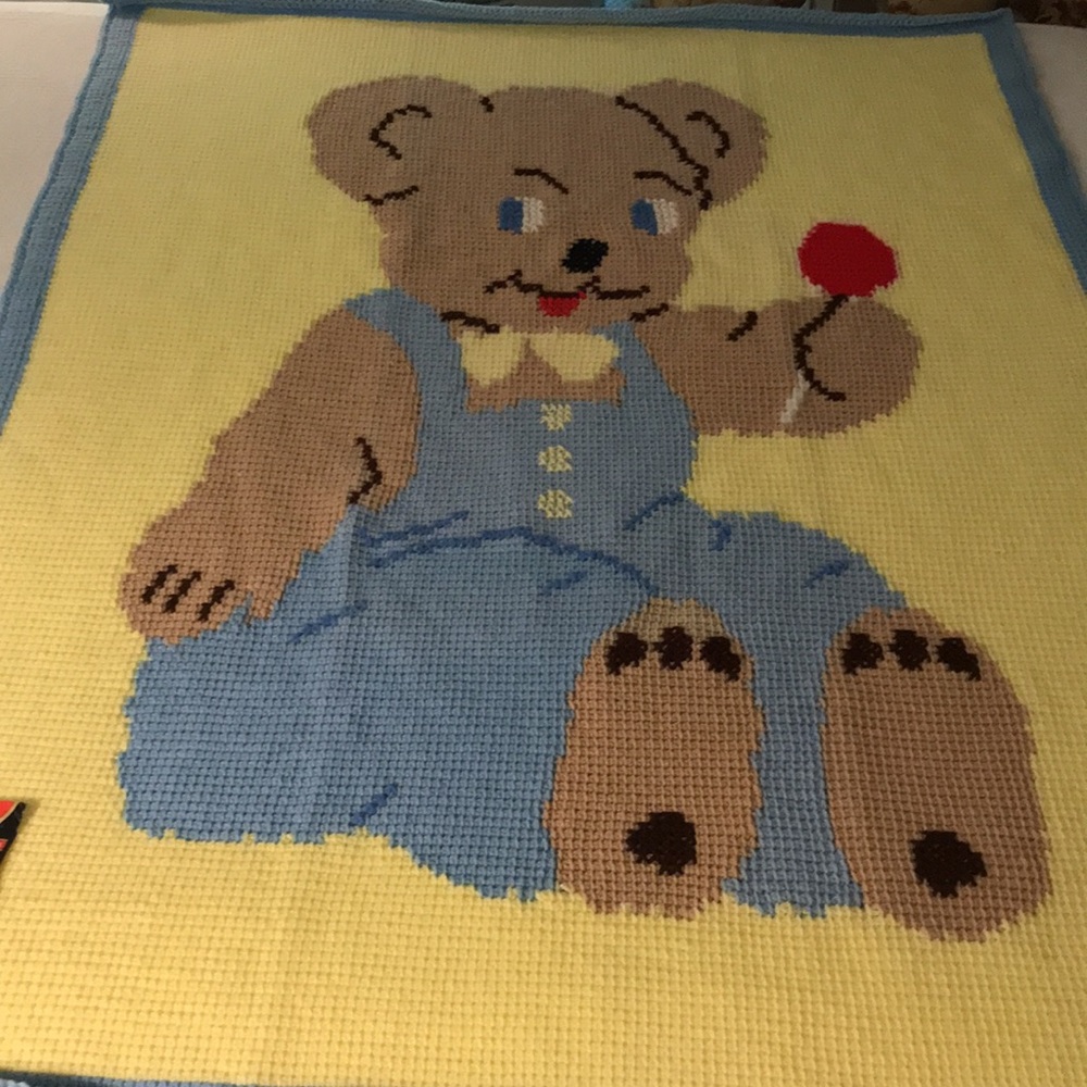 New Handmade Knit Crochet Teddy Bear Blanket Baby Boy Kids Blanket Yellow Blue